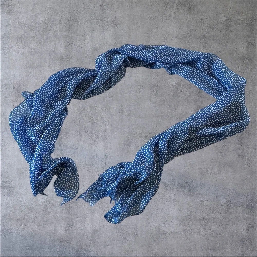 J Crew Scarf Womens Blue Polka Dot Lightweight‎ Frayed Fringe 70x20